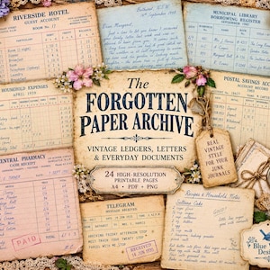 May include: A collection of vintage-style paper documents including ledger pages, a hotel guest account, a pharmacy receipt, a telegram, and a recipe card. The central text reads The Forgotten Paper Archive, surrounded by floral accents and a pocket watch.
