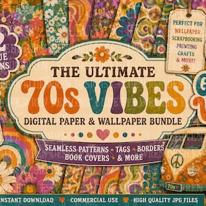 Könnte beinhalten: Ein digitales Papier- und Tapetenpaket mit 62 einzigartigen Designs mit floralen, geometrischen und regenbogenfarbenen Mustern im Stil der 70er Jahre. Das Bild enthält den Text THE ULTIMATE 70S VIBES, GOOD VIBES und einen orangefarbenen Bus.