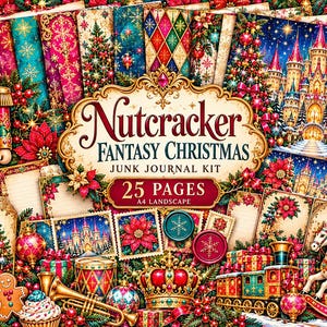Puede incluir: Un kit de diario creativo Nutcracker Fantasy Christmas con 25 páginas en formato horizontal A4. La colección incluye papeles de scrapbooking, efímeros, tarjetas, etiquetas, bolsillos y bordes decorados con cascanueces y castillos.