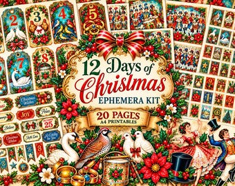 May include: A 12 Days of Christmas ephemera kit featuring 20 pages of A4 printable designs. The collection includes vintage-style illustrations of birds, dancers, and holiday motifs, decorated with holly, poinsettias, and red ribbons.