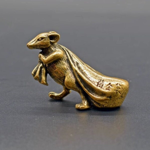 Rat de fortune en cuivre pur, ornement de souris antique en laiton, rat de fortune avec sac d’argent, artisanat manuel en cuivre massif, animal de compagnie de thé, décoration de la maison