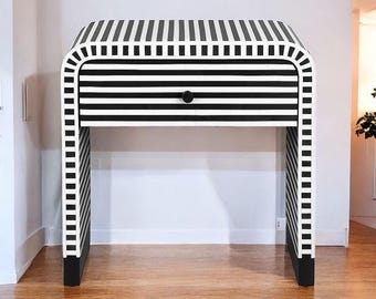 Handmade Bone Inlay Side Table - Black and White Stripe Nightstand