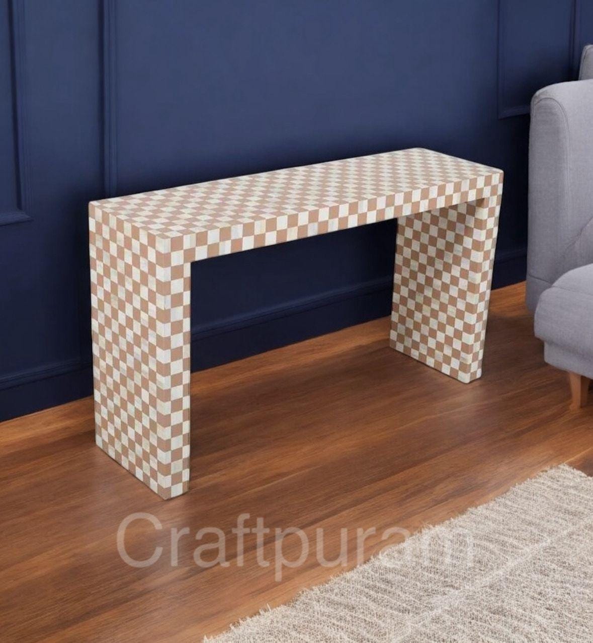 Handmade Bone Inlay Checkered Console Table - Luxury Entryway & Vanity ...