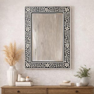 Bone Inlay Mirror Black White, Handmade Floral Decor, Luxury Wall Statement, Ethical Artisan Home