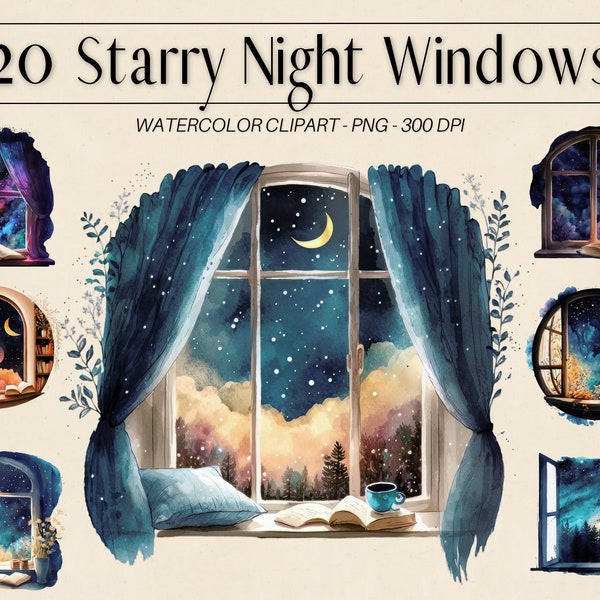 Watercolor Window And Stars Clipart Bundle, Celestial Clipart, Watercolor Clipart, Commercial Use Clipart, Fantasy Clipart, Floral Clipart