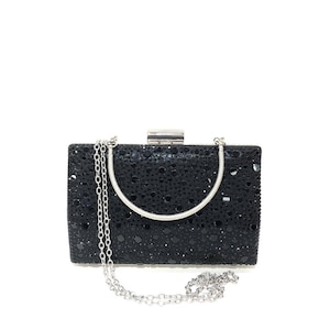 Black Crystal Clutch Bag – 20x17 cm Rhinestone Evening Purse with Chain – Elegant Formal Bag for Parties & Weddings - Fast Shipping