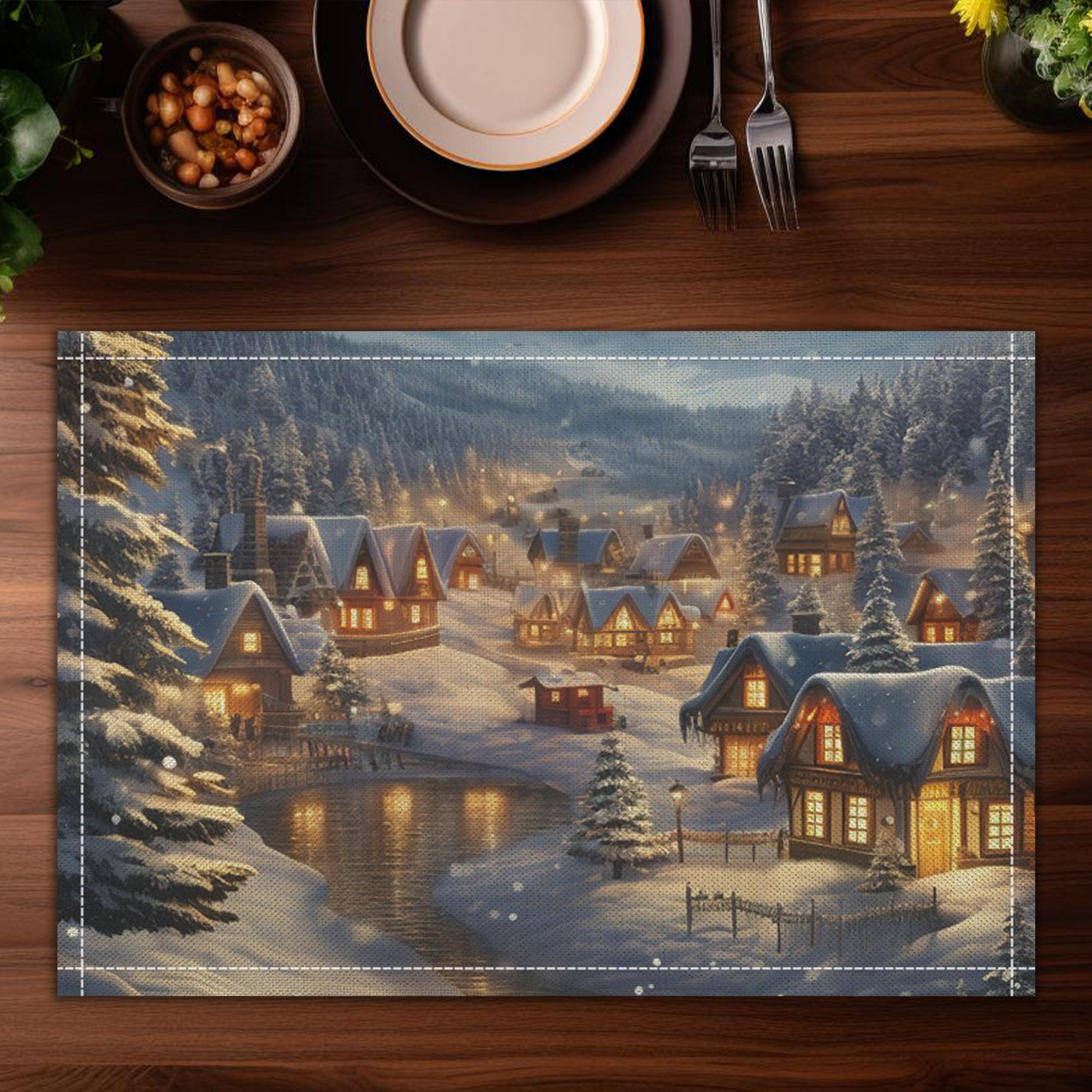 Christmas Village Placemats set of 4 Winter Vintage Placemats Christmas