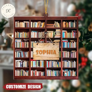 Personalized Bookshelf Shape Ornaments, Book Lover Gift, Librarian Gift Keepsake, Custom Bookshelf Flat Ornament, Bookish Christmas Ornament