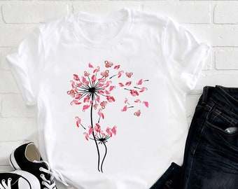 Falamingo Fly Dandelion Flower T-Shirt, Falamingo Lover T-Shirt, Graphic Dandelion Shirt, Animal Shirt,  Women Gift Idea Shirt, Cute T-Shirt