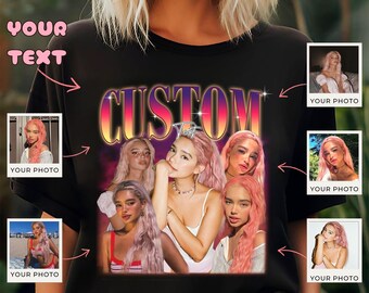May include: A black t-shirt with the word "CUSTOM" in a retro style font. The shirt features a collage of photos of people with pink hair. The text "YOUR PHOTO" appears next to each photo.