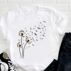 Gragonfly Dandelion Flower T-Shirt, Dragonfly Lover T-Shirt, Graphic Dandelion Shirt, Animals Shirt,  Women Gift Idea Shirt, Cute T-Shirt
