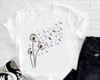 Gragonfly Dandelion Flower T-Shirt, Dragonfly Lover T-Shirt, Graphic Dandelion Shirt, Animals Shirt,  Women Gift Idea Shirt, Cute T-Shirt