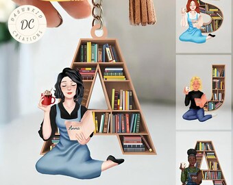 May include: A personalized book-themed keychain featuring a letter 'A' shaped like a bookshelf with books on the shelves. A woman is sitting on the bookshelf, reading a book and holding a cup of coffee. The keychain is a great gift for book lovers.