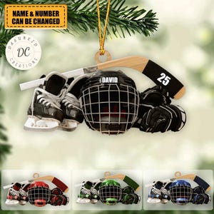 Personalized Hockey Skates Helmet and Stick Ornament, Ice Hockey Ornament, Hockey Keepsake, Hockey Shaped Ornament, Hockey Lover Xmas Gift