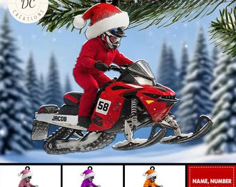 Personalized Snowmobile Santa Hat Ornament, Snow Mobile Rider Ornament, Custom Snowmobile Ornament, Gift for Snowmobile Lovers, Xmas Decor
