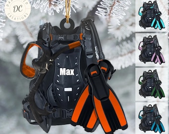 May include: A black and orange scuba diving ornament with the name "Max" in white. The ornament features a scuba diving tank, fins, and other equipment. The text "COLOR & TEXT CAN BE CHANGED" is at the bottom.