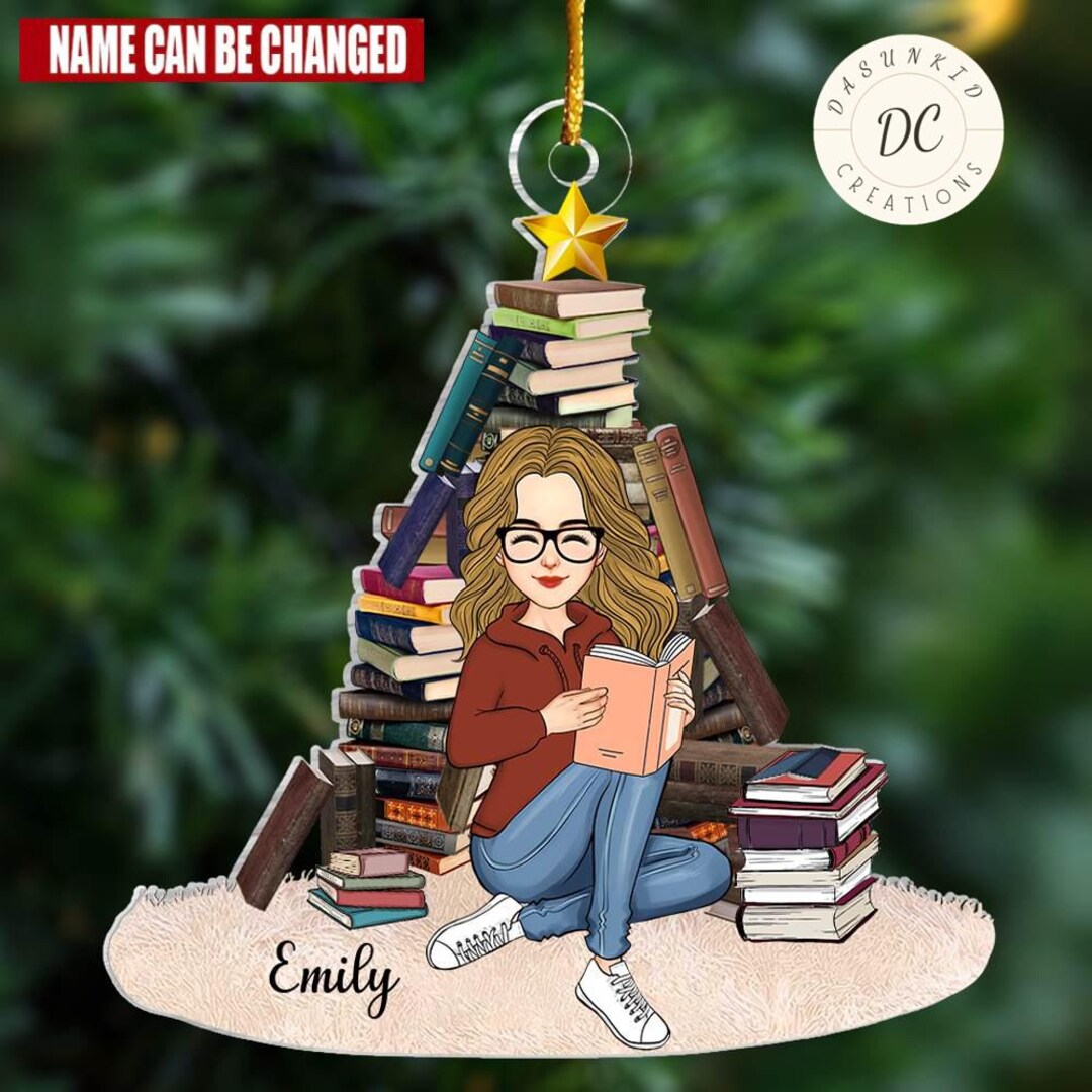 Personalized Christmas Book Tree Name Wooden Ornament, Bookish