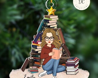 Personalized Reading Girl Book Tree Ornament, Book Lovers Flat Ornament, Bookworm Gifts, Book Club Ornament, Book Lover Christmas Gift