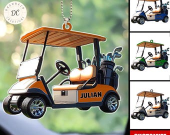 Kerst ornament in de vorm van een golfwagen, gepersonaliseerd ornament golfkar, cadeaus golfliefhebbers, plat ornament golfkar, hangend ornament golfclubs