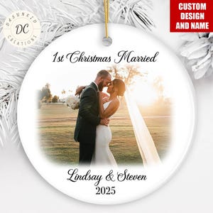 Personalized 1st Christmas Married Ornament, Wedding Couple Ornament, Engaged Ceramic Ornament, Wedding Gift, Custom Wedding Photo Ornament