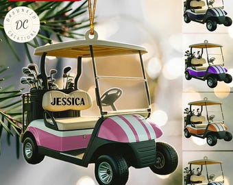 Gepersonaliseerde naam golfkarornament, golfwagenvormig ornament, golfliefhebbers kerstcadeaus, golfkarornament, golfclubs hangend ornament