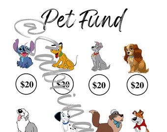 Könnte beinhalten: Eine weiße Grafik mit den Worten "Pet Fund" und Illustrationen von Zeichentrickhunden. Jeder Hund hat einen Kreis mit 20 € darunter. Der Gesamtbetrag beträgt 240 €.