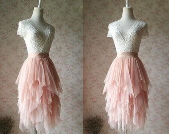 Blush Pink Midi Tulle Skirt, Hi-Low Irregular Layered Skirt, High Waist Long Tutu Skirt, Wedding Bridesmaid Skirt, Dating Skirt, Party Skirt