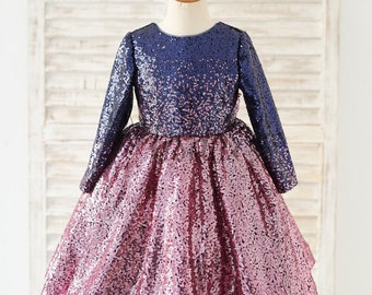 Vestido de niña de flores con espalda en V de lentejuelas azul marino y rosa Ombre, vestido de niña bebé, vestido de niño pequeño, vestido de novia de niña, vestido de niña de fiesta, vestido de bola de niña