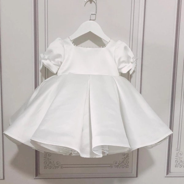 Pearl Square Neck Puff Sleeves Ivory Satin Wedding Flower Girl Dress, Baby Toddler Princess Dress, Kids Party Dress, Girl Pageant Dress