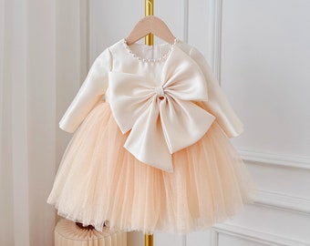 Champagne Pearls Neck Bow Satin Tulle Long Sleeves Flower Girl Dress, Baby Girl Toddler Dress, Girl Wedding Dress, Party Girl Dress