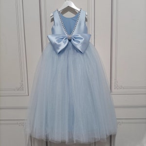 Sky Blue Pearls V-back Satin Tulle Flower Girl Dress, Baby Toddler Maxi Dress, Girl Wedding Dress, Party Girl Dress