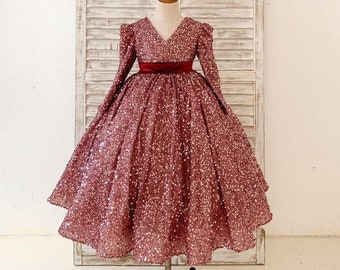 V Back Long Sleeves Burgundy Sequin Wedding Flower Girl Dress, Girl Ball Gown, Girl Party Dress, Girl Pageant Gress, Baby Toddler Kids Dress