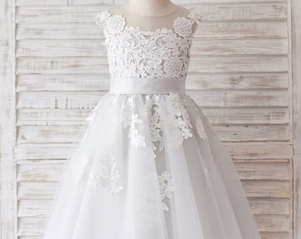 Ivory Lace Light Gray Tulle V Back Flower Girl Dress, Baby Girl Toddler Dress, Girl Wedding Dress, Party Girl Dress, Girl Ball Gown