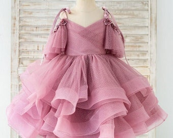 Cupcake Mauve brillante correas de tul V espalda boda flor niña vestido, vestido de fiesta para niños, desfile de niña Gress, vestido de niño pequeño