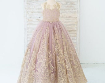 Mauve Tulle Gold Lace Sheer Back Wedding Flower Girl Dress, Girl Ball Gown, Girl Party Dress, Girl Pageant Gress, Baby Toddler Kids Dress