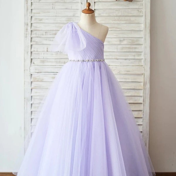 One Shoulder Beaded Lavender Tulle Flower Girl Dress, Baby Girl Toddler Dress, Girl Wedding Dress, Party Girl Dress, Girl Ball Gown