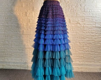 Blue Ombre Cupcake Tulle Maxi Skirt, High Waist Floor Length Tiered Skirt, Wedding Bridesmaid Skirt, Dating Skirt, Party Skirt