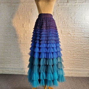 Blue Ombre Cupcake Tulle Maxi Skirt, High Waist Floor Length Tiered Skirt, Wedding Bridesmaid Skirt, Dating Skirt, Party Skirt