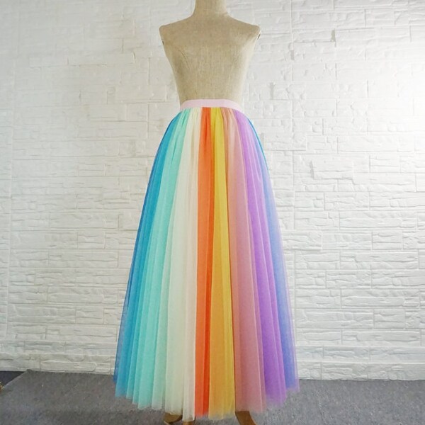 Rainbow Tulle Maxi Skirt, High Waist Floor Length Tutu Skirt, Dating Skirt, Party Skirt, Holiday Outfit