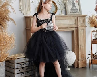 Black Pearls Lace Tulle Flower Girl Dress, Baby Toddler Tutu Dress with Train, Girl Wedding Dress, Party Girl Dress, Girl Pageant Dress