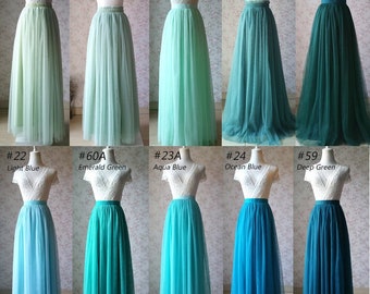 Green & Blue Colors 2 Layer Tulle Maxi Skirt, High Waist Floor Length Tutu Skirt, Wedding Bridesmaid Skirt, Dating Party Skirt, Any Size