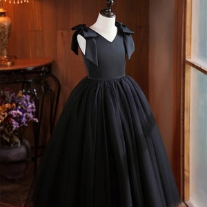 Black Satin Tulle Wedding Flower Girl Dress, Long Gown for Girls, Girl Party Dress, Pageant Dress, Elegant Girl Dress for Special Occasion