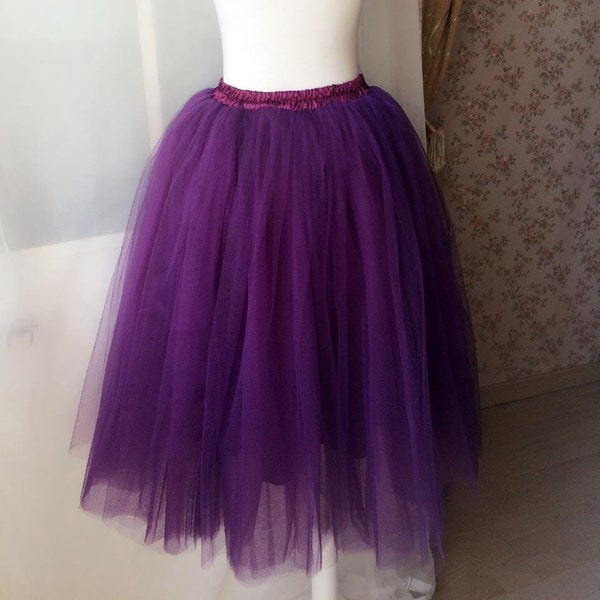 Grape Purple 6 Layer Tulle Midi Skirt, High Waist Knee Length Tutu Skirt, Wedding Bridesmaid Skirt, Dating Skirt, Party Skirt, Plus Size