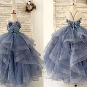 Beading Dusty Blue Polka Dot Tulle Flower Girl Dress, Baby Girl Toddler Dress Tutu, Girl Wedding Dress, Party Girl Dress, Girl Ball Gown