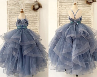 Beading Dusty Blue Polka Dot Tulle Flower Girl Dress, Baby Girl Toddler Dress Tutu, Girl Wedding Dress, Party Girl Dress, Girl Ball Gown