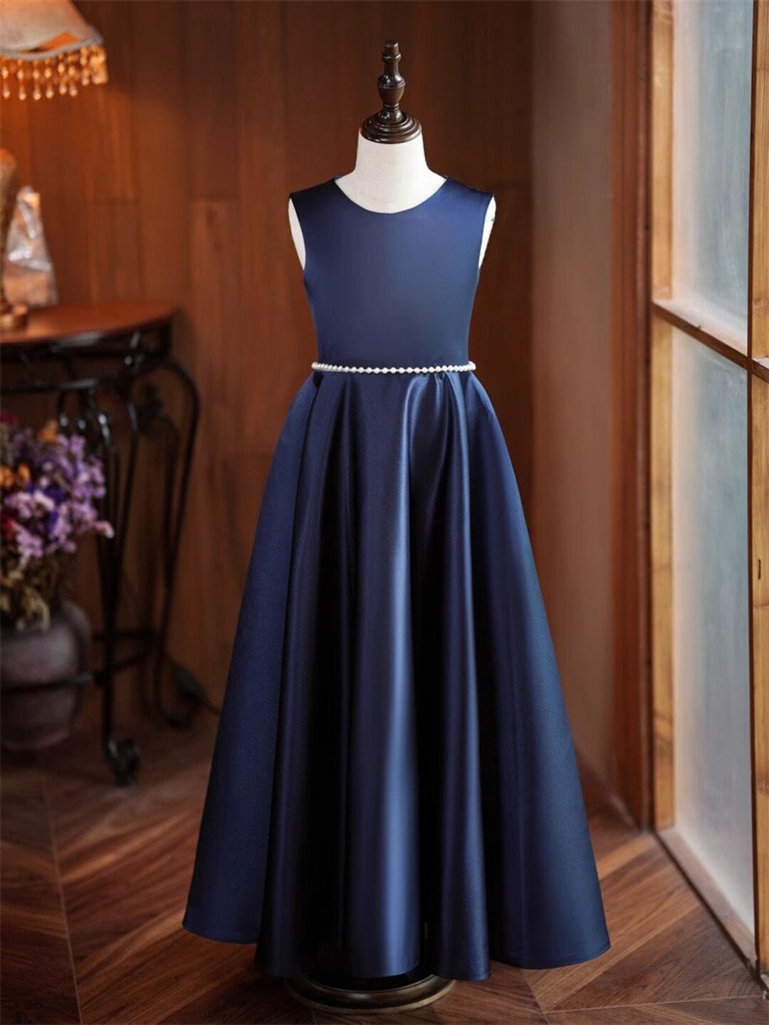 Navy Blue Satin Wedding Flower Girl Dress With Pearl Belt, Long Gown ...