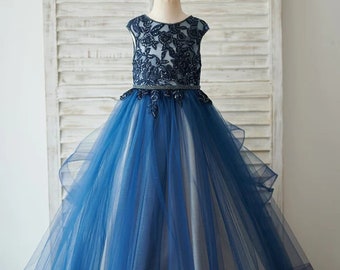 Sequined Lace Navy Blue Tulle V Back Flower Girl Dress, Baby Girl Toddler Dress, Girl Wedding Dress, Party Girl Dress, Girl Ball Gown