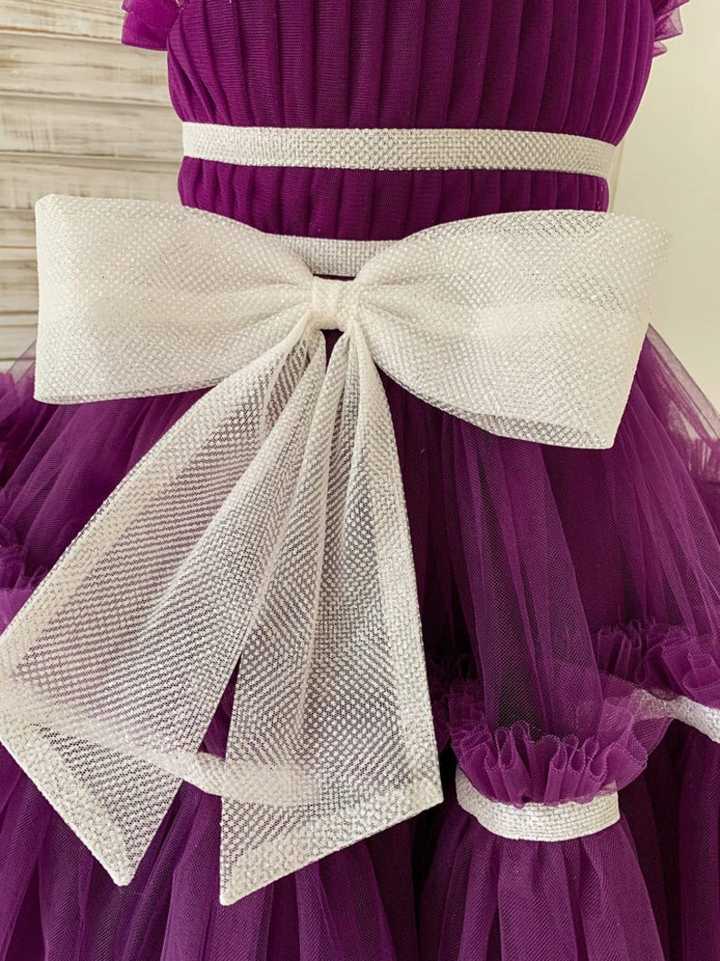 Vestido de niña de flores de boda de tul púrpura plisado de cuello transparente, vestido de fiesta para niñas, vestido de fiesta para niños pequeños, vestido de desfile para niñas imagen 6