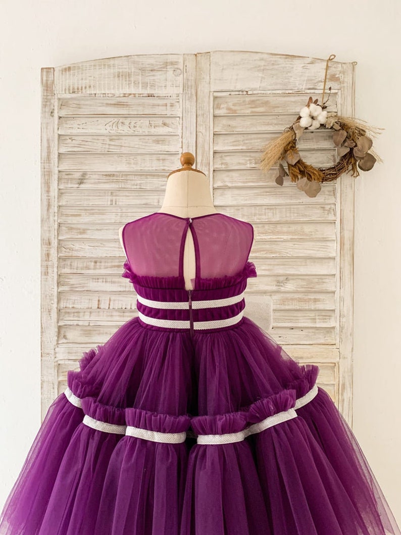 Vestido de niña de flores de boda de tul púrpura plisado de cuello transparente, vestido de fiesta para niñas, vestido de fiesta para niños pequeños, vestido de desfile para niñas imagen 4