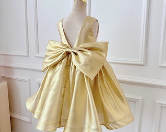 Glittery Gold Tulle V-back Big Bow Flower Girl Dress, Baby Girl Toddler Dress, Girl Wedding Dress, Party Girl Dress, Girl Pageant Dress